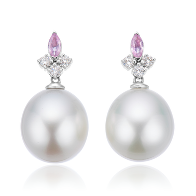 Perla by Autore 18ct White Gold 10mm Button Pearl, Marquise Cut Pink Sapphire, & Round Cut Diamond Earrings