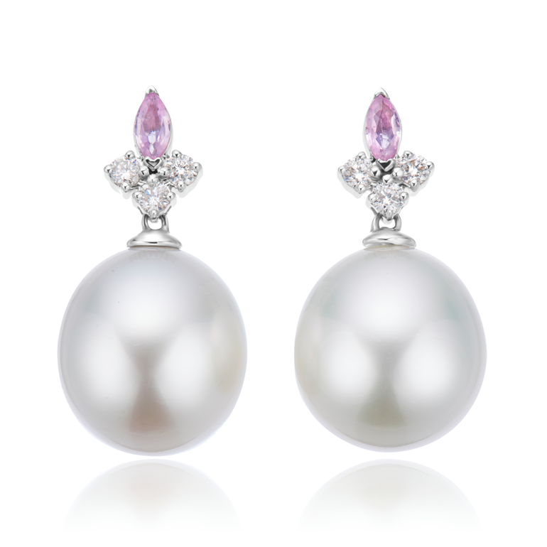 Perla by Autore 18ct White Gold 10mm Button Pearl, Marquise Cut Pink Sapphire, & Round Cut Diamond Earrings