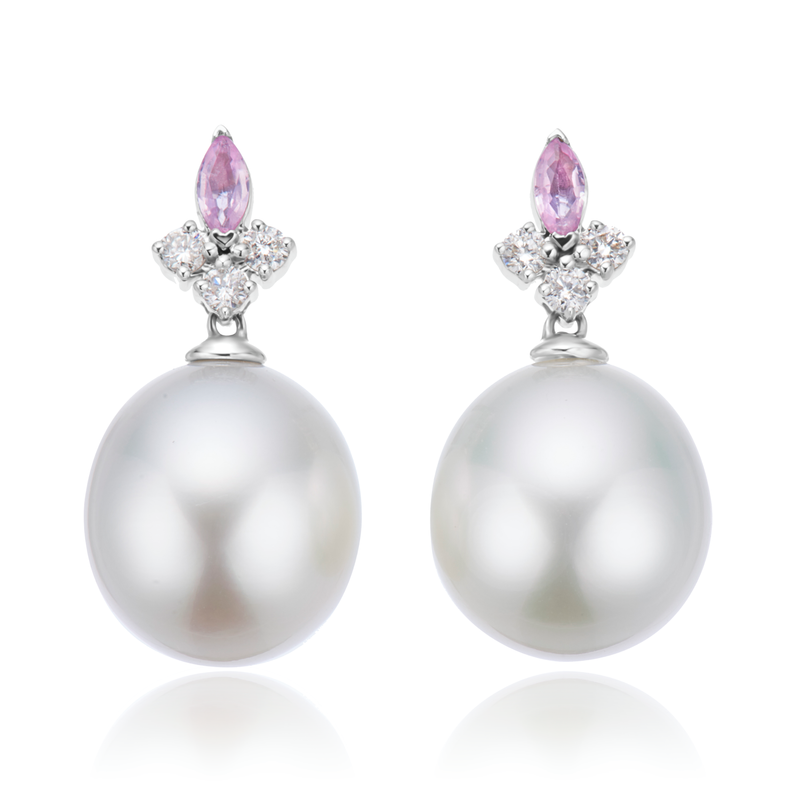 Perla by Autore 18ct White Gold 10mm Button Pearl, Marquise Cut Pink Sapphire, & Round Cut Diamond Earrings
