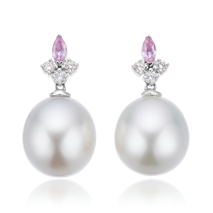 Perla by Autore 18ct White Gold 10mm Button Pearl, Marquise Cut Pink Sapphire, & Round Cut Diamond Earrings