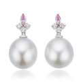 Perla by Autore 18ct White Gold 10mm Button Pearl, Marquise Cut Pink Sapphire, & Round Cut Diamond Earrings