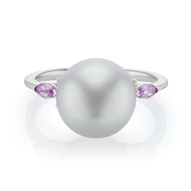 18ct White Gold 10mm Button Pearl, Marquise Cut Pink Sapphire, and Round Cut 0.09 ctw Diamond Ring
