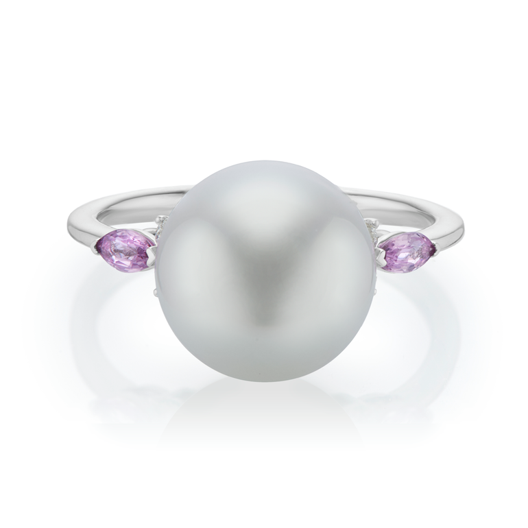 18ct White Gold 10mm Button Pearl, Marquise Cut Pink Sapphire, and Round Cut 0.09 ctw Diamond Ring