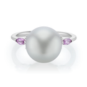 18ct White Gold 10mm Button Pearl, Marquise Cut Pink Sapphire, and Round Cut 0.09 ctw Diamond Ring