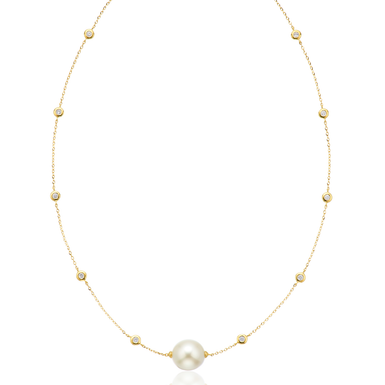 Perla by Autore 18ct Yellow Gold 9mm Pearl & Round Cut 0.10 ctw Diamond Necklace