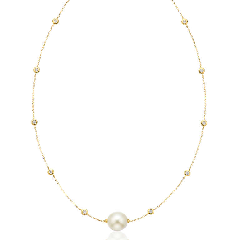 Perla by Autore 18ct Yellow Gold 9mm Pearl & Round Cut 0.10 ctw Diamond Necklace
