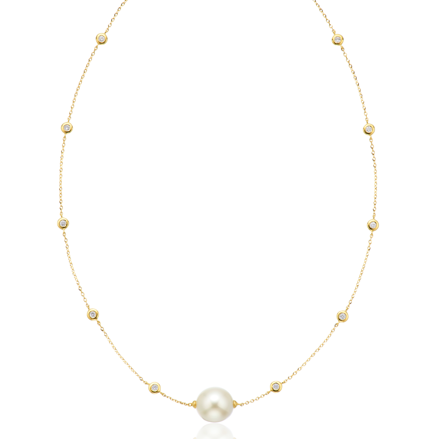 Perla by Autore 18ct Yellow Gold 9mm Pearl & Round Cut 0.10 ctw Diamond Necklace