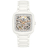 Dazzling white ceramic Rado True Square automatic watch with sparkling rhodium dial, visible movement, diamond markers & rose gold hands.