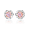 A pair of round stud earrings featuring a central cluster of light purple stones surrounded by a rose gold bezel, set in a silver-toned filigree border with small clear accent stones, shown on a white background with a soft reflection.