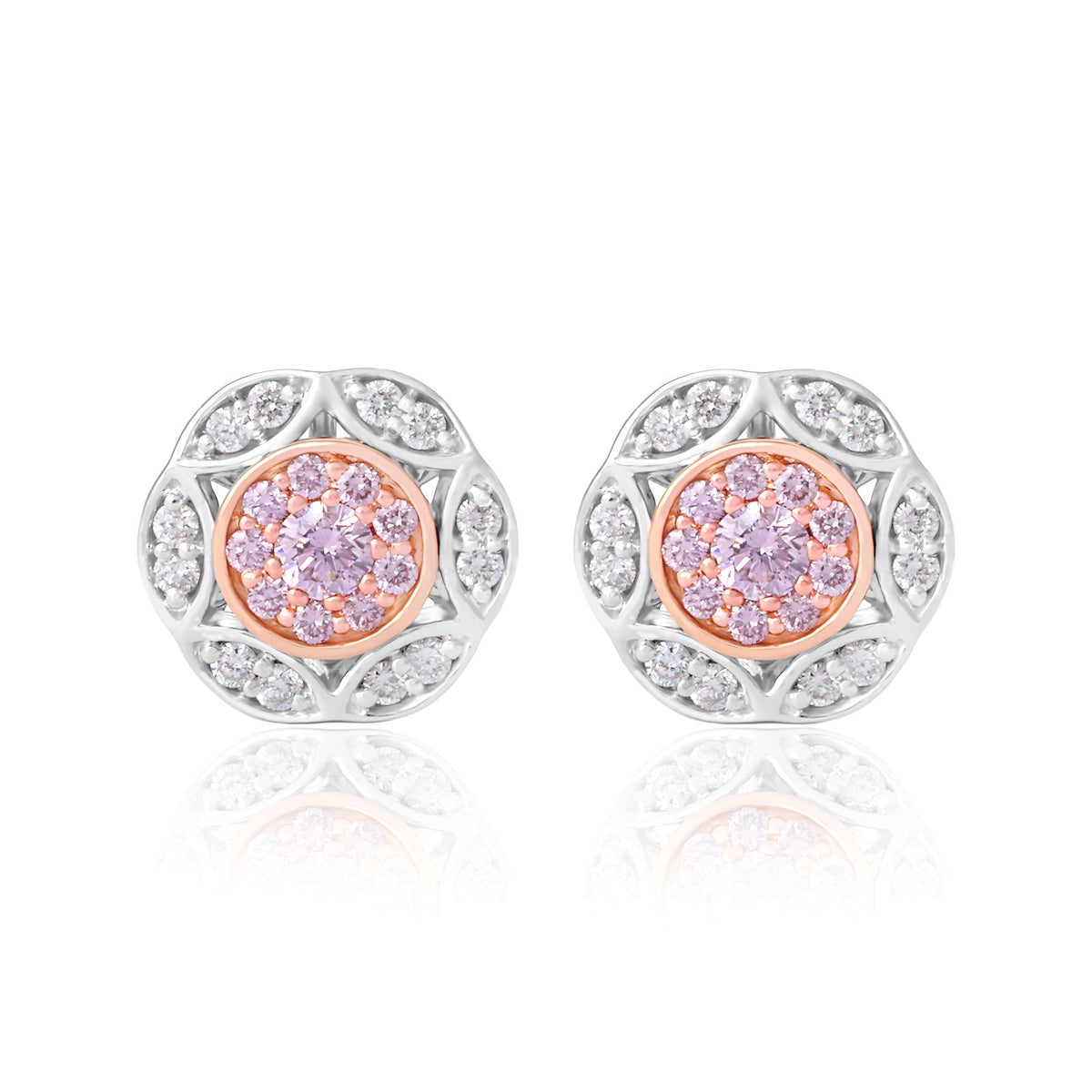 A pair of round stud earrings featuring a central cluster of light purple stones surrounded by a rose gold bezel, set in a silver-toned filigree border with small clear accent stones, shown on a white background with a soft reflection.