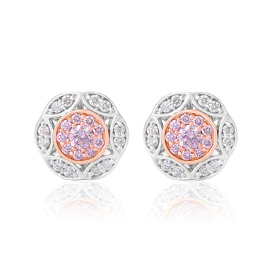 A pair of round stud earrings featuring a central cluster of light purple stones surrounded by a rose gold bezel, set in a silver-toned filigree border with small clear accent stones, shown on a white background with a soft reflection.