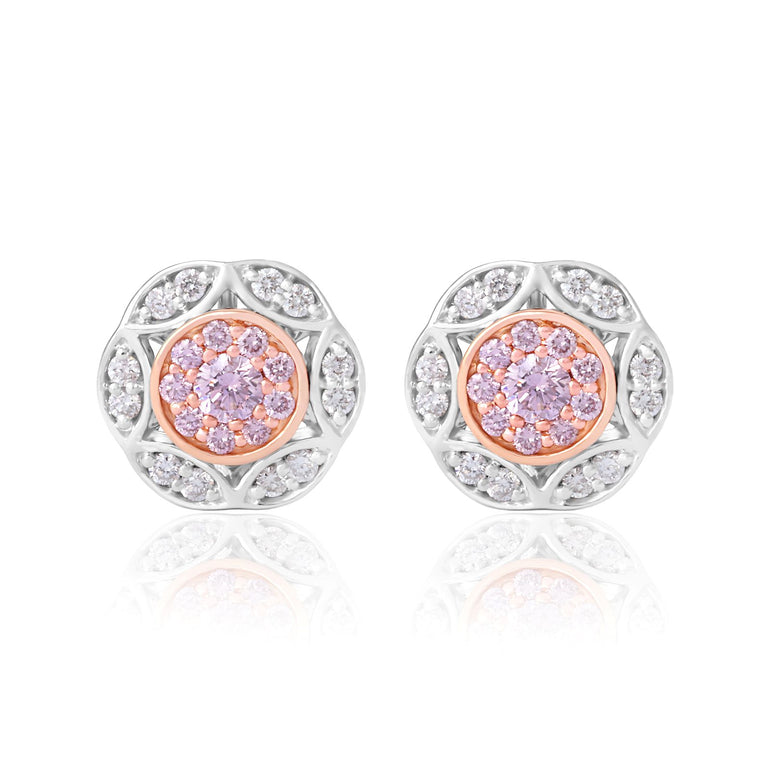 A pair of round stud earrings featuring a central cluster of light purple stones surrounded by a rose gold bezel, set in a silver-toned filigree border with small clear accent stones, shown on a white background with a soft reflection.