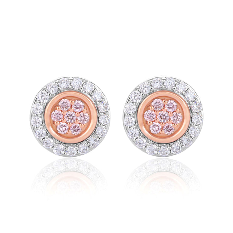 A close view of Rosyle 18ct White & Rose Gold Round Cut 0.25ctw Argyle Authenticated Pink & White Diamonds Earrings