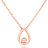 Rose gold necklace with a teardrop-shaped open pendant and a small round pink gemstone, shown on a white background.