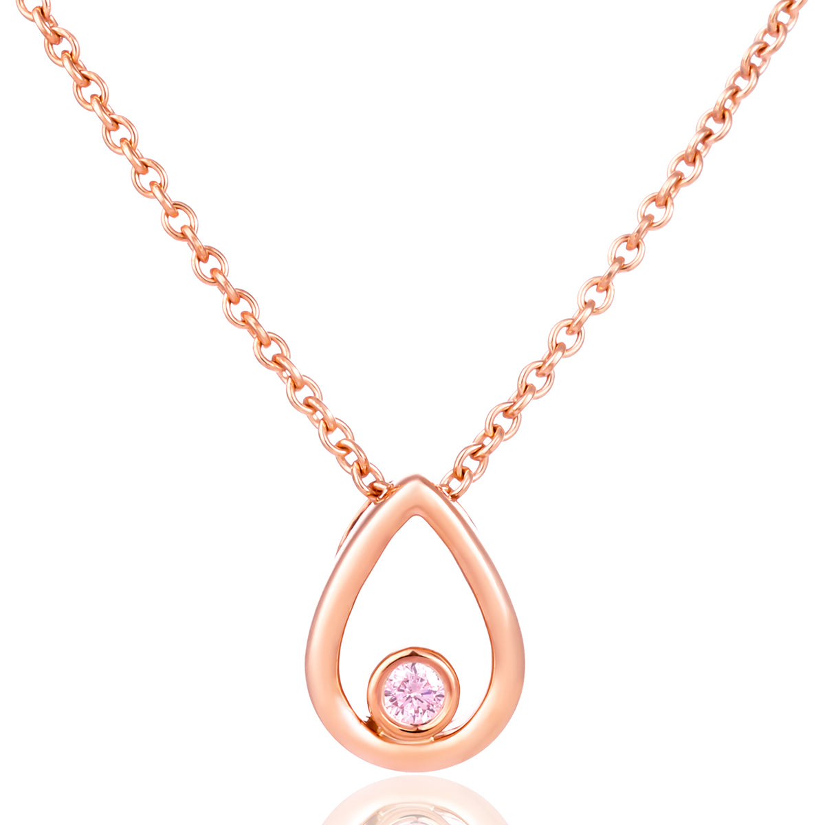 Rose gold necklace with a teardrop-shaped open pendant and a small round pink gemstone, shown on a white background.