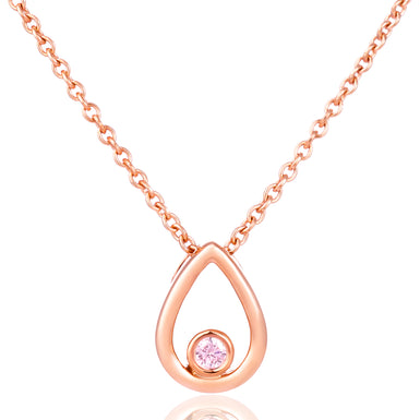 Rose gold necklace with a teardrop-shaped open pendant and a small round pink gemstone, shown on a white background.