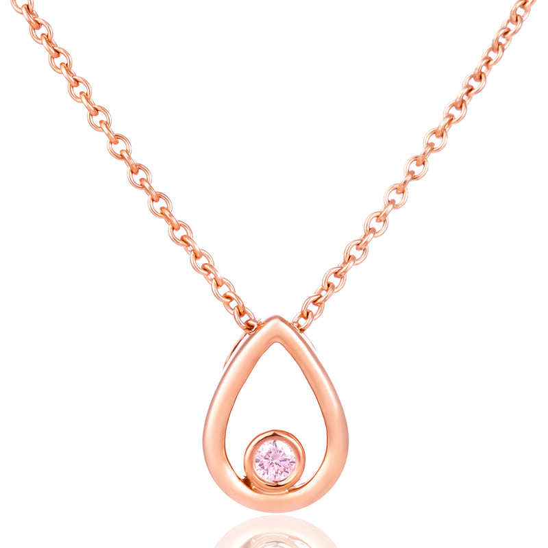 Rose gold necklace with a teardrop-shaped open pendant and a small round pink gemstone, shown on a white background.