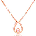 Rose gold necklace with a teardrop-shaped open pendant and a small round pink gemstone, shown on a white background.