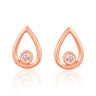 A pair of rose gold teardrop-shaped stud earrings with a small round pink gemstone in the center, shown on a white background with a soft reflection below.