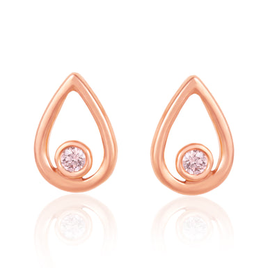 A pair of rose gold teardrop-shaped stud earrings with a small round pink gemstone in the center, shown on a white background with a soft reflection below.