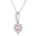 A silver pendant necklace featuring a central round pink gemstone surrounded by a halo of small clear stones, suspended from a delicate silver chain on a white background.