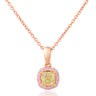 A rose gold necklace with a cushion-cut yellow diamond pendant surrounded by a halo of small pink diamonds, set against a clean white background.