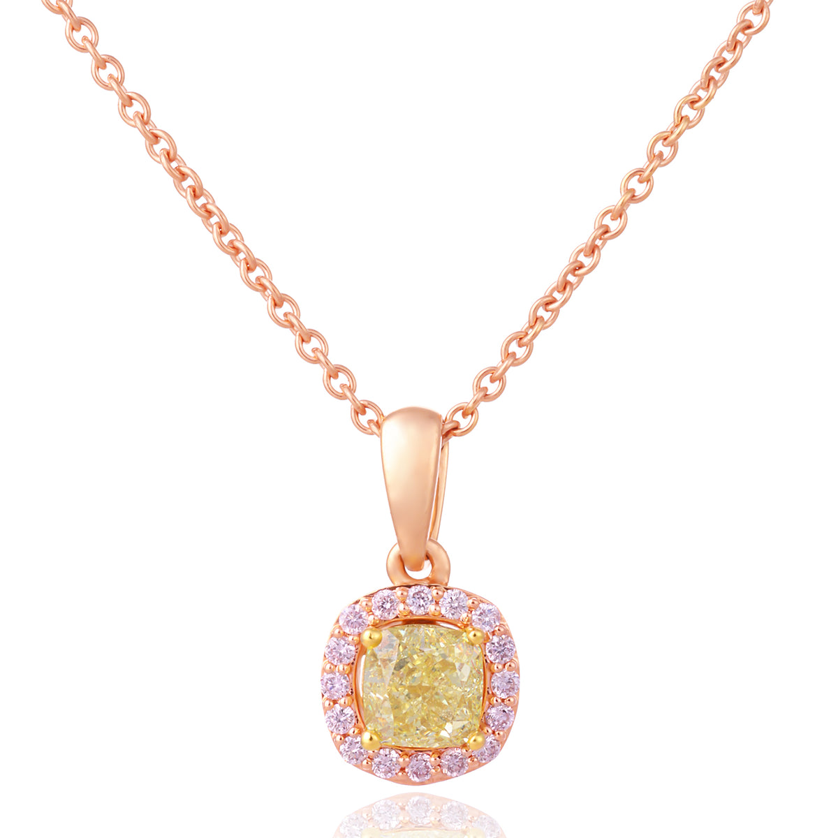 A rose gold necklace with a cushion-cut yellow diamond pendant surrounded by a halo of small pink diamonds, set against a clean white background.