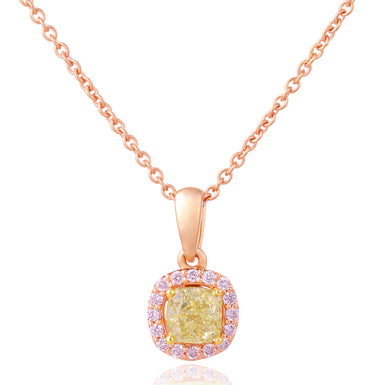 A rose gold necklace with a cushion-cut yellow diamond pendant surrounded by a halo of small pink diamonds, set against a clean white background.