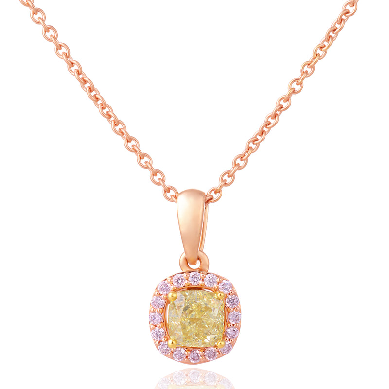 A rose gold necklace with a cushion-cut yellow diamond pendant surrounded by a halo of small pink diamonds, set against a clean white background.