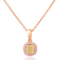 A rose gold necklace with a cushion-cut yellow diamond pendant surrounded by a halo of small pink diamonds, set against a clean white background.