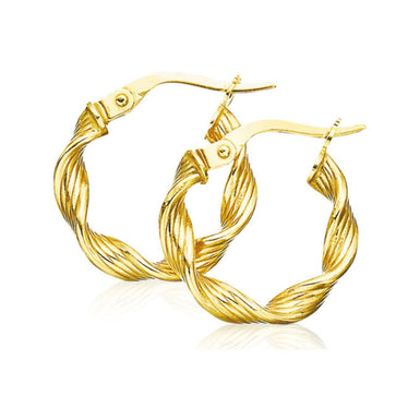 9ct Yellow Gold Round Cut 10x3mm Pattern Twist Hoop Earrings
