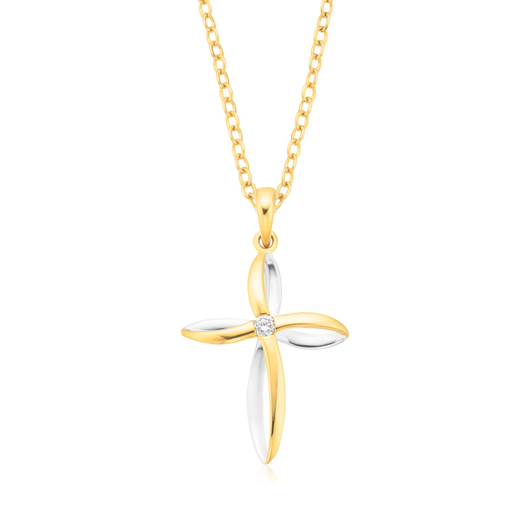 18ct Two Tone Gold 0.03 CARAT tw Diamond Set Cross Pendant