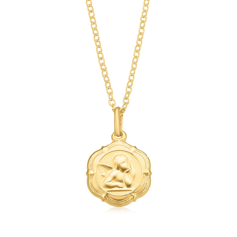 9ct Yellow Gold Round 14mm Fancy Edge Angel Pendant