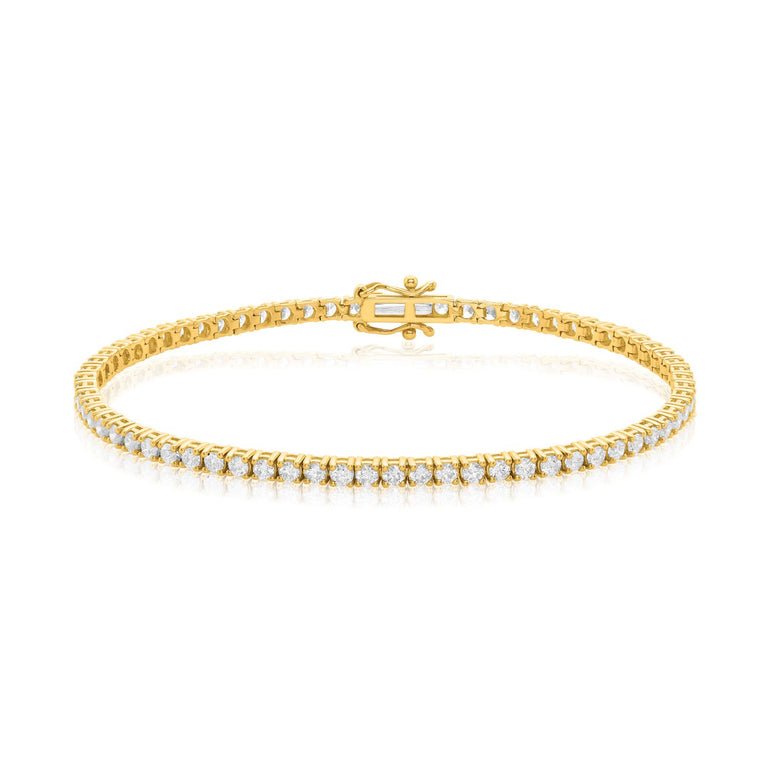 9ct Yellow Gold Round Brilliant Cut 3.00 Carat tw Diamond Tennis Bracelet