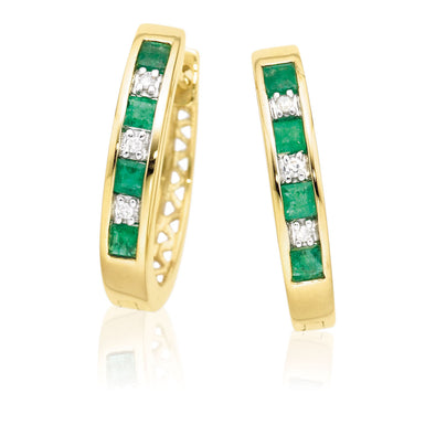 9ct Yellow Gold Square Cut Emerald Diamond Set Earrings