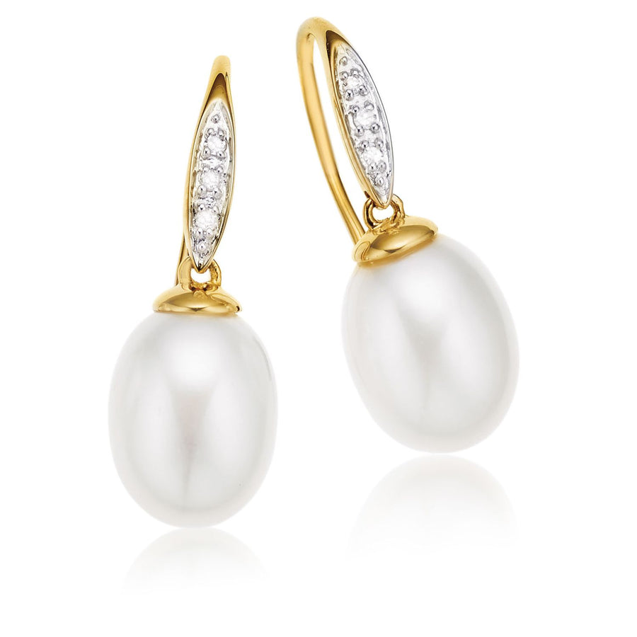 9ct Yellow Gold 8-8.5mm Cultured Fresh Water Pearl Diamond Set Earrings