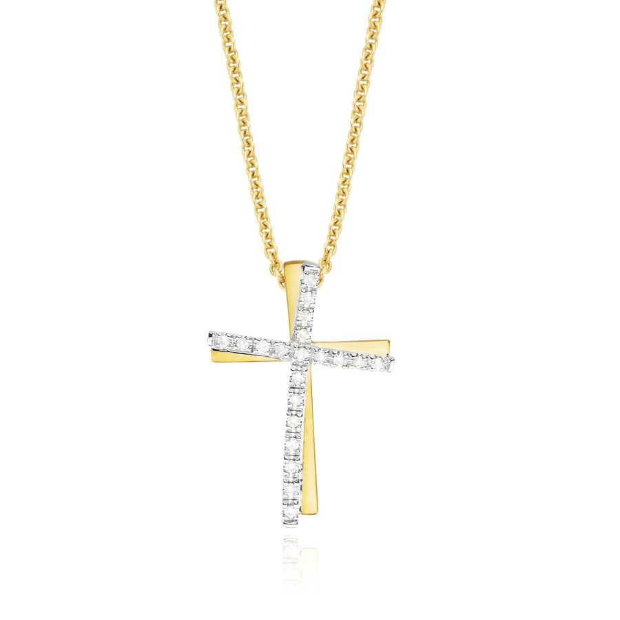 9ct Yellow& White Gold Round Brilliant Cut 0.10 ctw diamond Cross Pendant