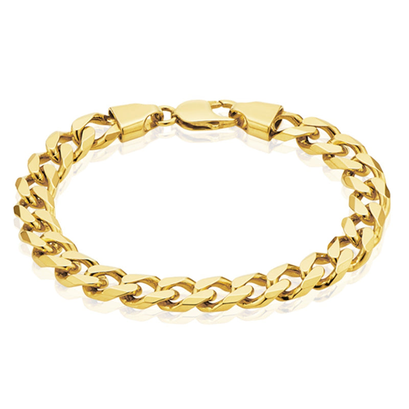 9ct Yellow Gold 9mm Bevelled Diamond Cut Curb Bracelet in 23cm
