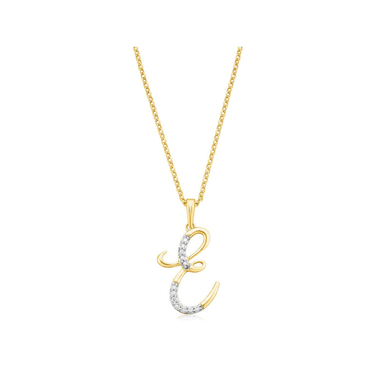 9ct Yellow Gold Round Brilliant Cut with 0.06 CARAT tw of Diamonds Initial E Pendant