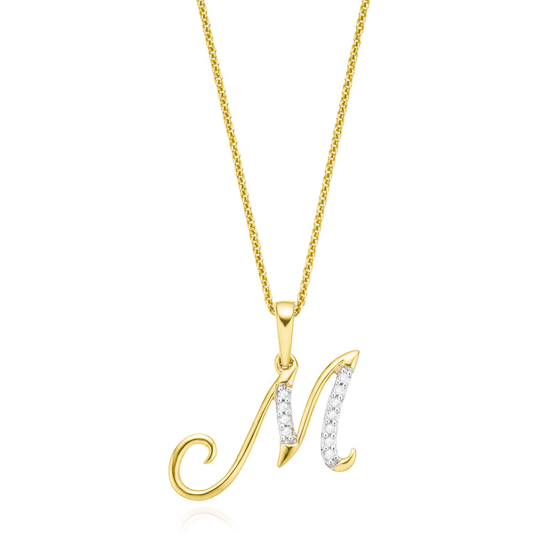 9ct Yellow Gold Round Brilliant Cut with 0.06 CARAT tw of Diamonds Initial M Pendant