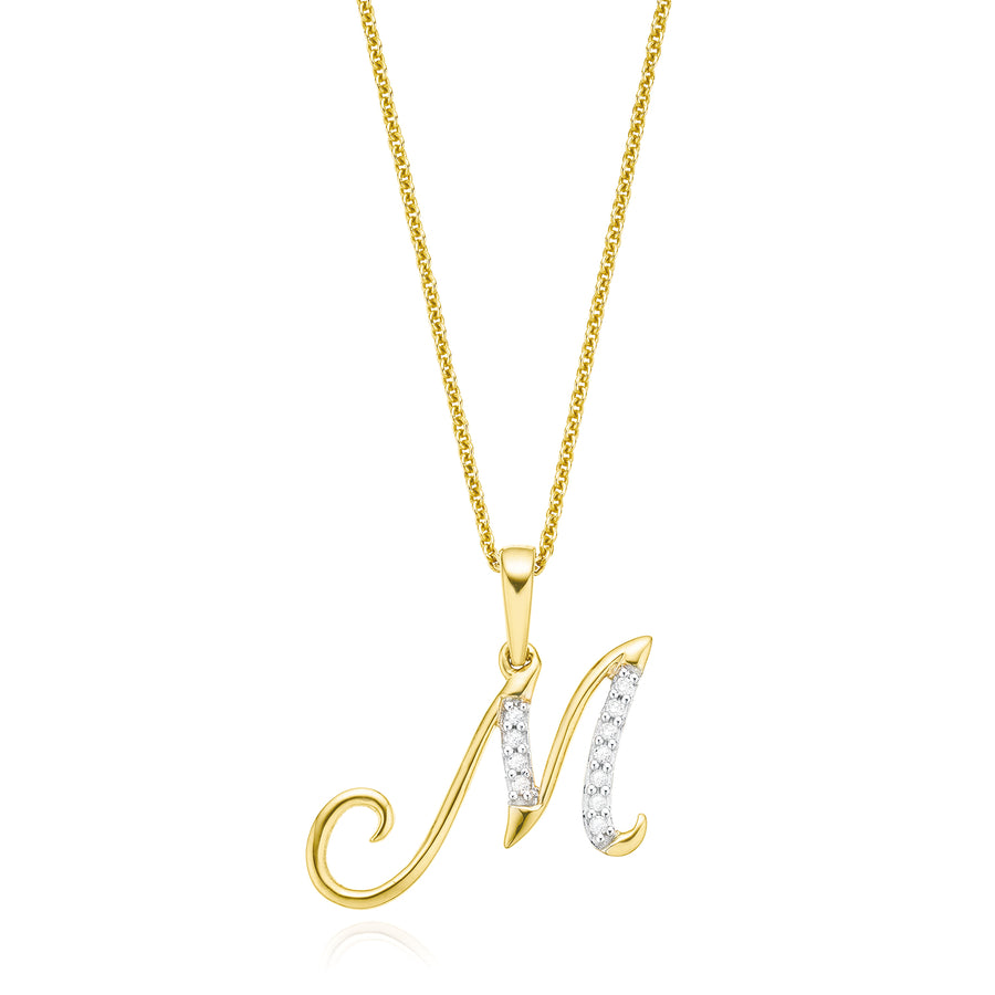 9ct Yellow Gold Round Brilliant Cut with 0.06 CARAT tw of Diamonds Initial M Pendant