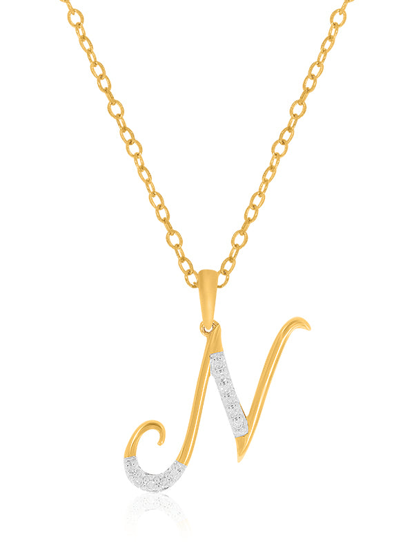 9ct Yellow Gold Round Brilliant Cut with 0.06 CARAT tw of Diamonds Initial N Pendant
