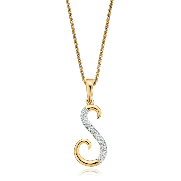 9ct Yellow Gold Round Brilliant Cut with 0.06 CARAT tw of Diamonds Initial S Pendant