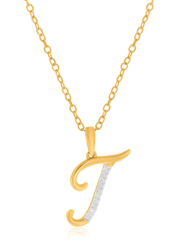 9ct Yellow Gold Round Brilliant Cut with 0.06 CARAT tw of Diamonds Initial T Pendant
