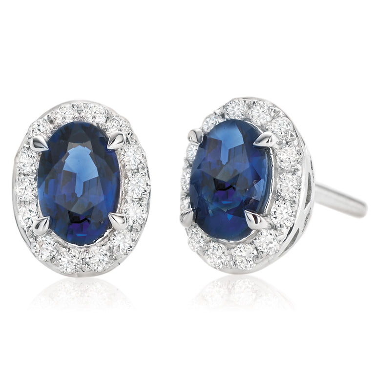 18ct White Gold Oval Cut Sapphire with 1/4 Carat tw of Diamonds Earrings