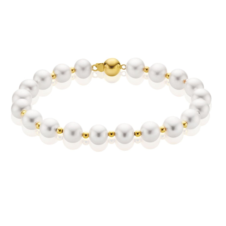 9ct Yellow Gold 7-7.5mm Cultured Freshwater pearl Goldballs 19.5cm Bracelet