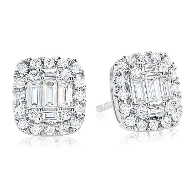 18ct White Gold Emerald & Round Brilliant Cut with 0.55 CARAT tw of Diamonds Earrings