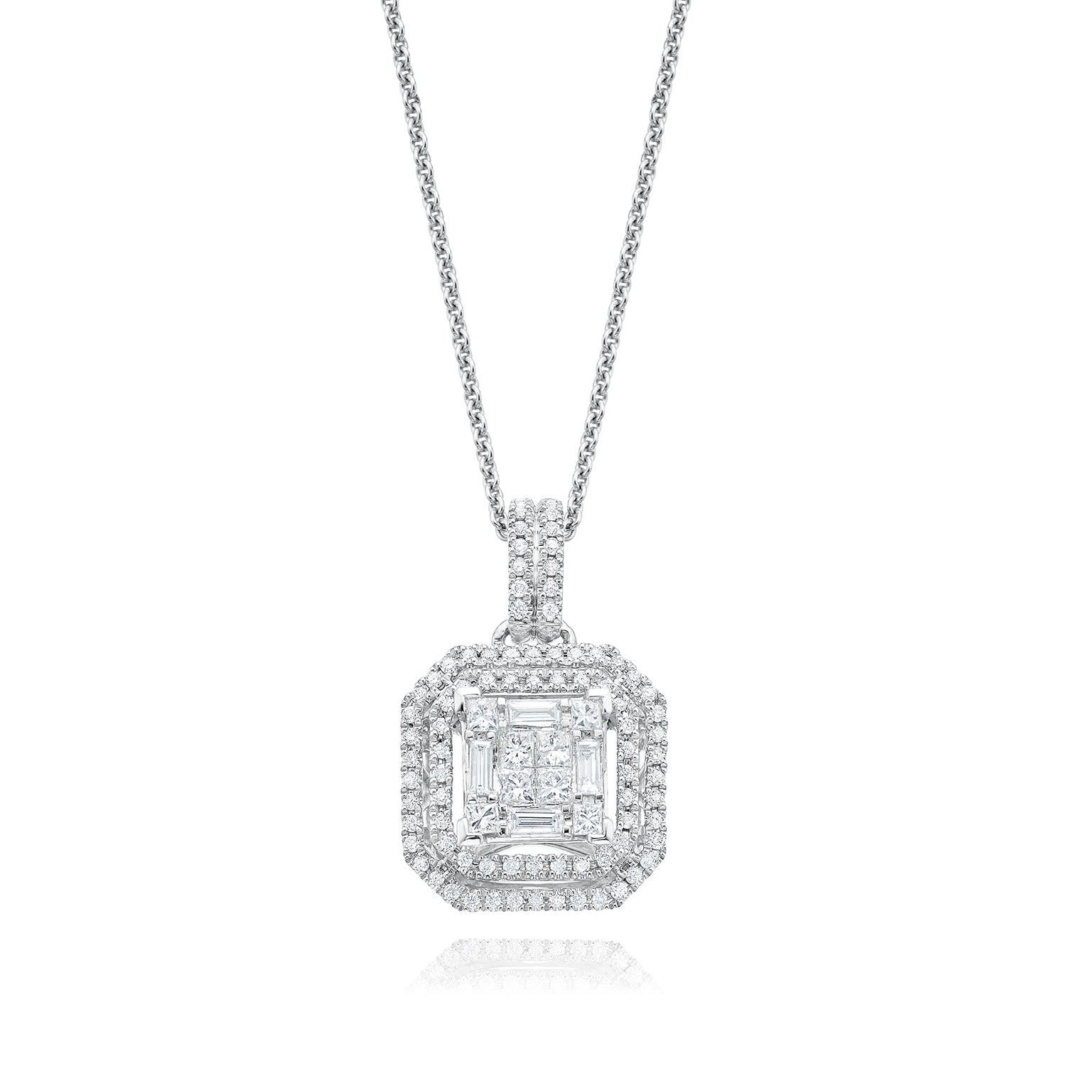 9ct White Gold Princess, Round & Baguette Cut with 1/2 CARAT tw of Diamond Pendant