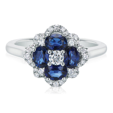 9ct White Gold Round Brilliant Cut Sapphire with 1/3 Carat tw of Diamonds Ring