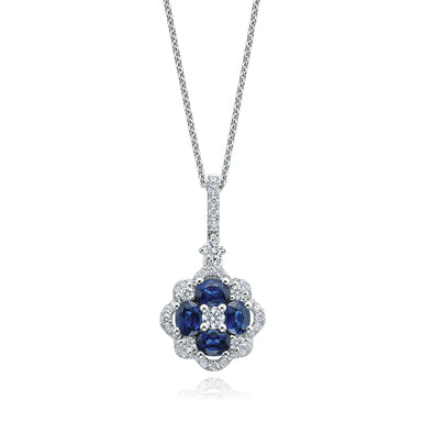 9ct White Gold Round Brilliant Cut Sapphire with 1/2 Carat tw of Diamonds Pendant